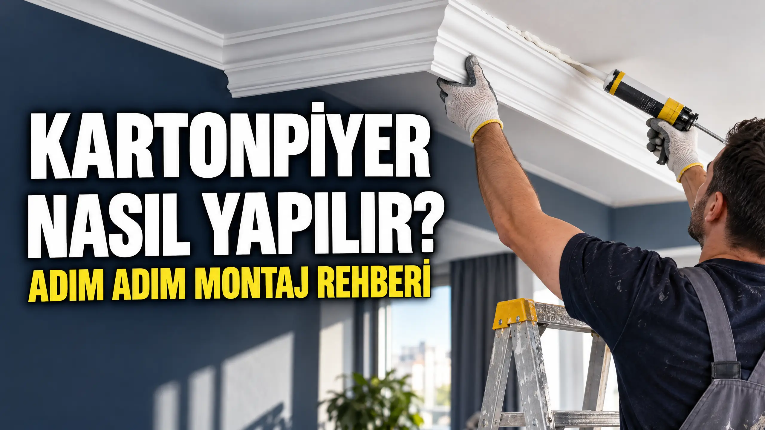 Kartonpiyer montajı yapan usta tavan köşesine pervaz yapıştırıyor