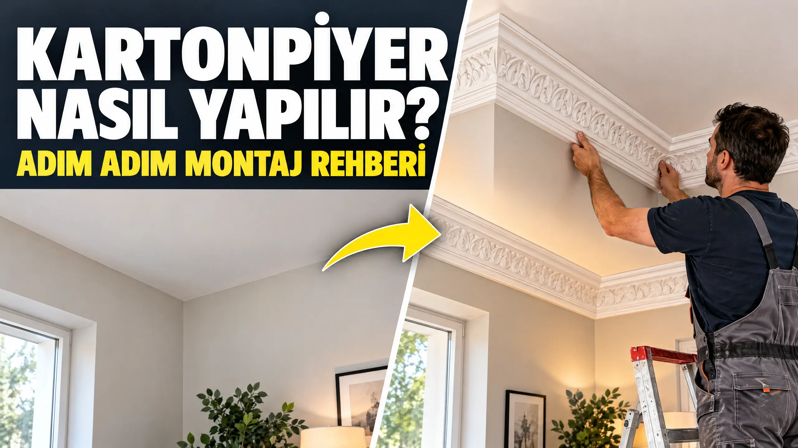 Kartonpiyer montajı yapan usta tavan köşesine pervaz yapıştırıyor